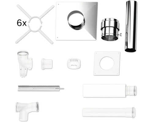 Schornstein-Set mit Edelstahlrohren, Wandblende und Kunststoffkomponenten für Abgassysteme