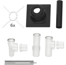 Anschlussset für Wanddurchführungen mit Manschette, Rohr, Kunststoffteilen, Montageschiene und sechs Befestigungsringen.