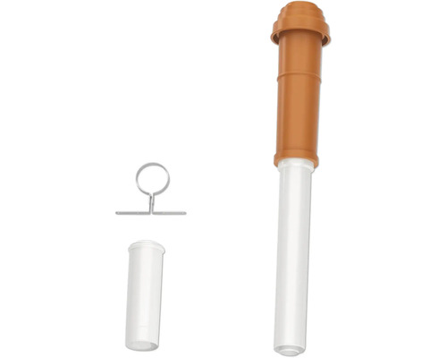 Dachlüftungsrohr-Set bestehend aus einem Lüftungsrohr mit Kappe, einer Befestigungsschelle aus Metall und einem Anschlussstutzen.