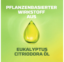 Hinweissymbol für einen pflanzenbasierten Wirkstoff aus Eukalyptus Citriodora Öl mit einem Öltropfen.