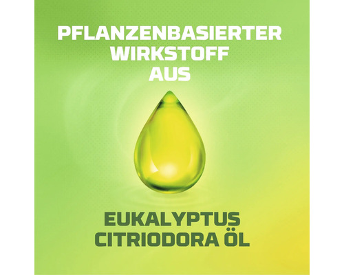 Hinweissymbol für einen pflanzenbasierten Wirkstoff aus Eukalyptus Citriodora Öl mit einem Öltropfen.