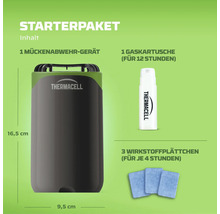 Thermacell Starterpaket Inhalt Mückenabwehrgerät 16,5 mal 9,5 Zentimeter Gaskartusche für 12 Stunden und drei Wirkstoffplättchen für je 4 Stunden.