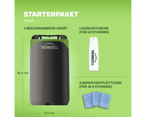 Thermacell Starterpaket Inhalt Mückenabwehrgerät 16,5 mal 9,5 Zentimeter Gaskartusche für 12 Stunden und drei Wirkstoffplättchen für je 4 Stunden.