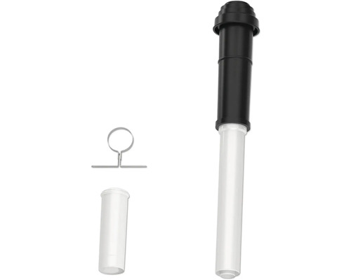 Teleskoprohr-Set für Waschbecken-Abläufe mit zusätzlichem Rohrstück und einer Metall-Befestigungsschelle.