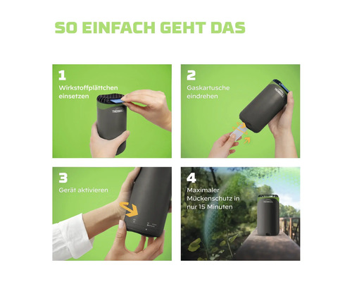 Anleitung für Thermacell Mückenschutz: Wirkstoffplättchen einlegen, Patrone eindrehen, Gerät aktivieren und effektiver Schutz in fünfzehn Minuten.