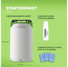 Thermacell Mückenabwehr Starterpaket mit Abwehrgerät, einer Gaskartusche und drei Wirkstoffplättchen. Maße des Geräts 16,5 mal 9,5 Zentimeter.