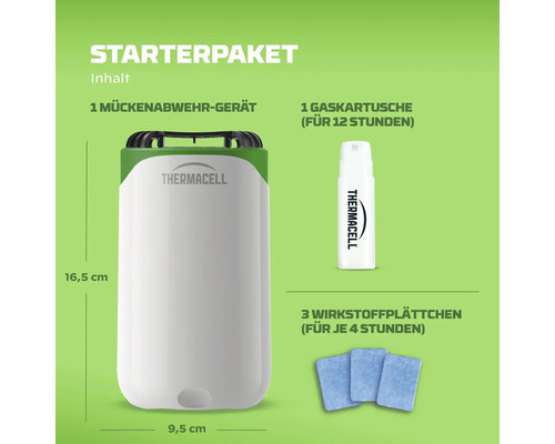 Thermacell Mückenabwehr Starterpaket mit Abwehrgerät, einer Gaskartusche und drei Wirkstoffplättchen. Maße des Geräts 16,5 mal 9,5 Zentimeter.