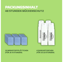 Thermacell Nachfüllpackung für 48 Stunden Mückenschutz mit 12 Wirkstoffplättchen für je 4 Stunden und 4 Gaskartuschen für je 12 Stunden.