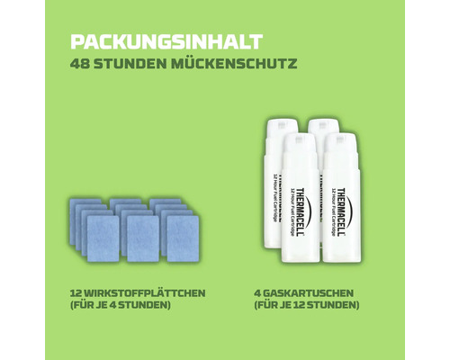 Thermacell Nachfüllpackung für 48 Stunden Mückenschutz mit 12 Wirkstoffplättchen für je 4 Stunden und 4 Gaskartuschen für je 12 Stunden.