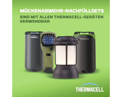 Verschiedene Thermacell Mückenabwehrgeräte wie Handgeräte, Tischgeräte und eine Laterne. Thermacell Logo.