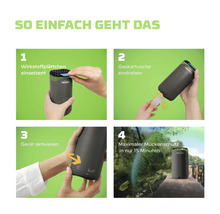 Anleitung zur Anwendung des Thermacell Mückenschutzes in vier Schritten: Wirkstoffplättchen einsetzen, Gaskartusche eindrehen, Gerät aktivieren.