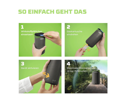 Anleitung zur Anwendung des Thermacell Mückenschutzes in vier Schritten: Wirkstoffplättchen einsetzen, Gaskartusche eindrehen, Gerät aktivieren.