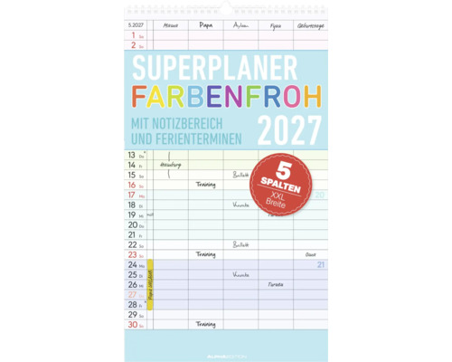 Wandkalender Superplaner Farbenfroh 2027 mit 5 Spalten in extra breiter Ausführung für die Familienplanung von Alpha Edition.