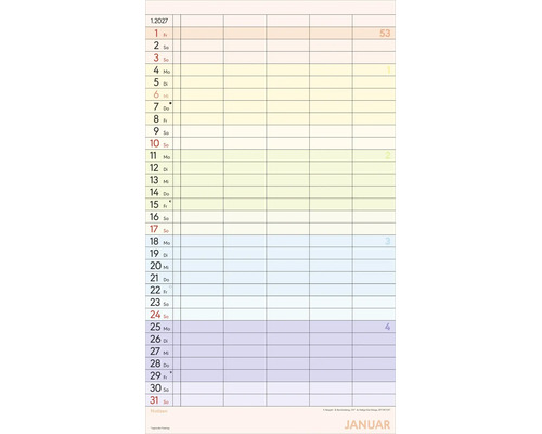 Monatskalender für Januar 2027 mit Spalten für die Tagesplanung, Datumsangaben, Wochentagen, Kalenderwochen und einem Feld für Notizen.