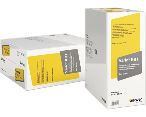ISOVER Klebeband Vario KB1 für luftdichte Verklebungen innen, 12 Rollen à 20 Meter mal 60 Millimeter, ISOVER Logo.