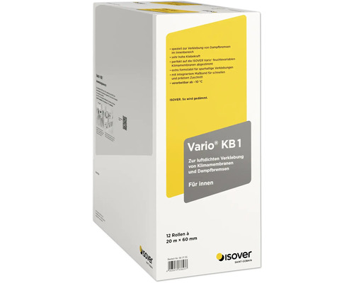 Isover Vario KB1 Klebeband Karton mit 12 Rollen zu 20 Meter mal 60 Millimeter für Dampfbremsen im Innenbereich.