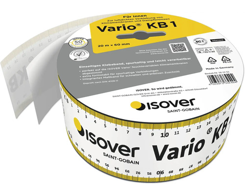 ISOVER Vario KB 1 einseitiges Klebeband für Dampfbremsen und Klimamembranen, 20 Meter mal 60 Millimeter, mit integriertem Maßband.