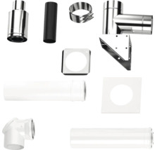 Schornstein- und Abgasrohr-Set aus Edelstahl sowie weißem und schwarzem Metall mit T-Stück, Wandhalterung, Rohrklemmen und Wandblenden.