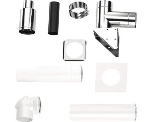 Schornstein- und Abgasrohr-Set aus Edelstahl sowie weißem und schwarzem Metall mit T-Stück, Wandhalterung, Rohrklemmen und Wandblenden.