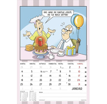 Cartoon-Kalenderblatt für Januar 2027 mit einer Illustration einer Frau, die eine Grabkerze auf eine Geburtstagstorte stellt.