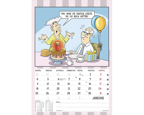 Cartoon-Kalenderblatt für Januar 2027 mit einer Illustration einer Frau, die eine Grabkerze auf eine Geburtstagstorte stellt.