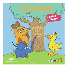 Wandkalender 2027 Die Maus mit Maus, Elefant und Ente. Der Elefant schreibt Freunde für immer auf einen Baumstamm. Extra-Poster. Die Maus Logo.