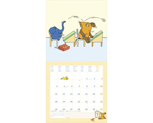 Wandkalender Die Sendung mit der Maus für 2027, Kalenderblatt Januar mit Maus und Elefant in einem Klassenzimmer.