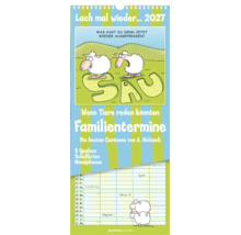 Familienplaner 2027 mit 5 Spalten, Cartoons von A. Holzach, Schulferien und Mondphasen.