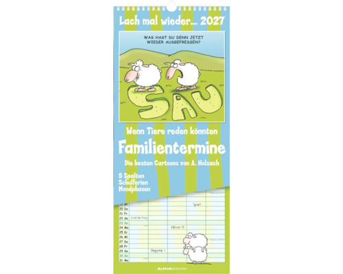 Familienplaner 2027 mit 5 Spalten, Cartoons von A. Holzach, Schulferien und Mondphasen.