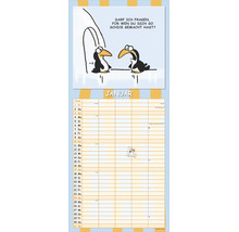 Wandkalender Januar mit Pinguin Comic und Spalten für Notizen.