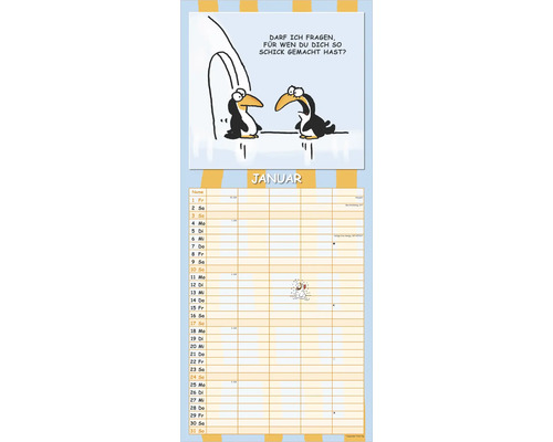 Wandkalender Januar mit Pinguin Comic und Spalten für Notizen.