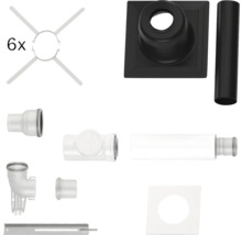 Set aus Abgasrohr-Komponenten mit schwarzem Rohr, schwarzer Bodenplatte, verschiedenen weißen Kunststoff-Fittings und sechs Abstandshaltern.