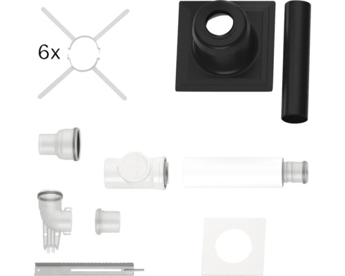 Set aus Abgasrohr-Komponenten mit schwarzem Rohr, schwarzer Bodenplatte, verschiedenen weißen Kunststoff-Fittings und sechs Abstandshaltern.