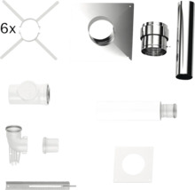 Abgassystem-Set mit Rohren, Bögen, Wandblenden und Abstandhaltern aus Metall und Kunststoff.