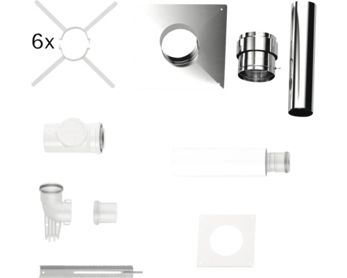 Abgassystem-Set mit Rohren, Bögen, Wandblenden und Abstandhaltern aus Metall und Kunststoff.