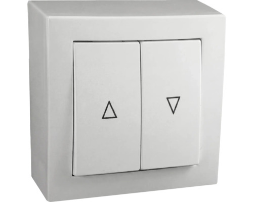 Weißer Aufputz-Rollladenschalter mit zwei Wippen und Pfeilsymbolen für Auf- und Abwärtssteuerung.