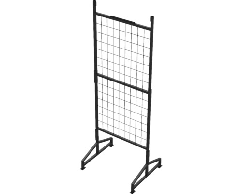 Schwarzes Metall-Rankgitter mit Standfüßen und quadratischem Maschengeflecht.