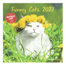 Wandkalender Funny Cats 2027 mit einer Katze mit Löwenzahnkrone auf einer Wiese. Inklusive Bucket List. Alpha Edition Logo.