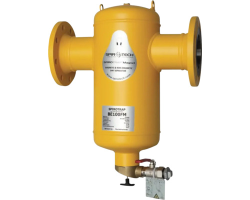 Gelber Spirotech Spirotrap Magnet Schlammabscheider BE100FM mit Flanschanschluss und Ablassventil.