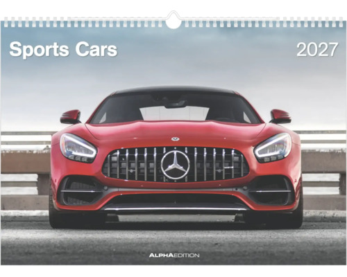 Wandkalender Sports Cars 2027 mit Abbildung eines roten Sportwagens von Alpha Edition.