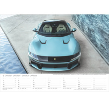 Kalenderblatt für Januar mit der Frontansicht eines hellblauen Ferrari 12Cilindri.
