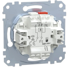 Rückansicht eines Unterputz-Lichtschalter-Einsatzes aus Kunststoff und Metall mit Schaltplan und Prüfzeichen für 10AX 250 Volt.