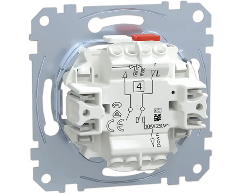 Rückansicht eines Unterputz-Lichtschalter-Einsatzes aus Kunststoff und Metall mit Schaltplan und Prüfzeichen für 10AX 250 Volt.