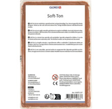 Rückseite der Verpackung von Glorex Soft-Ton natürlichem lufthärtendem Modellierton mit Produktbeschreibungen und Sicherheitssymbolen.