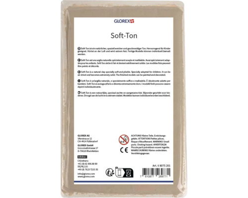 Rückseite der Verpackung von GLOREX Soft-Ton mit GLOREX Logo, lufttrocknender Naturton für Kinder, inklusive CE-Kennzeichnung und Warnhinweisen.