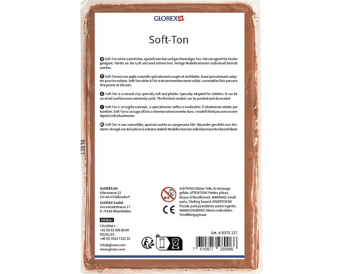 Rückseite der Verpackung von Glorex Soft-Ton, lufttrocknende Modelliermasse in Braun mit Produktinformationen und Glorex Logo.