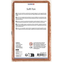 Rückseite der Glorex Soft-Ton Modelliermasse mit Produktinformationen, Warnhinweisen, GLOREX Logo, CE-Kennzeichnung und Barcode.