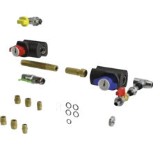 Installationsset für Gas mit Absperrventilen, Verbindungsstücken aus Messing und Dichtungsringen.