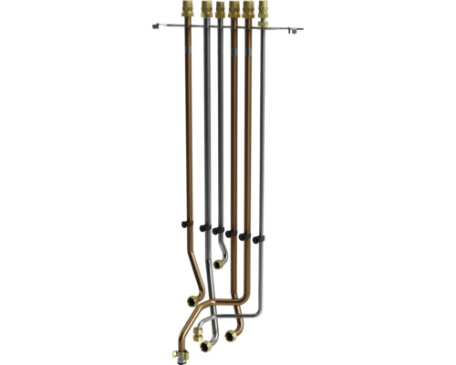 Rohr-Anschluss-Set für Heizthermen mit Kupfer- und Edelstahlrohren, Montageleiste und Messingverschraubungen.