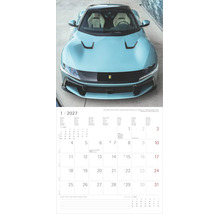 Wandkalender Blatt für Januar 2027 mit einer Abbildung eines hellblauen Ferrari 12Cilindri Sportwagens in der Frontansicht.